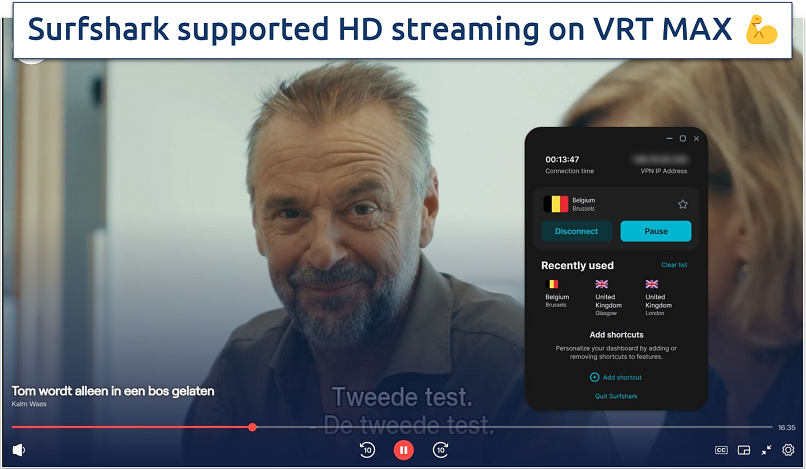 A screenshot showing streaming VRT MAX while connected to Surfshark’s Belgium server