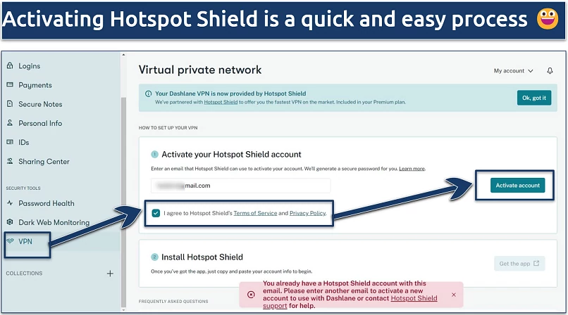 A screenshot showing the process of activating a Hotspot Shield account through Dashlane