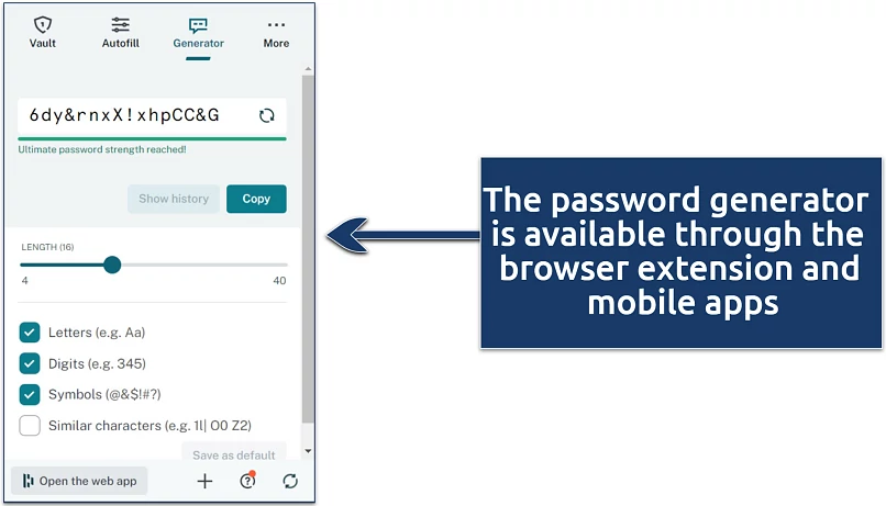 A screenshot showing Dashlane's password generator accessible through the browser extension