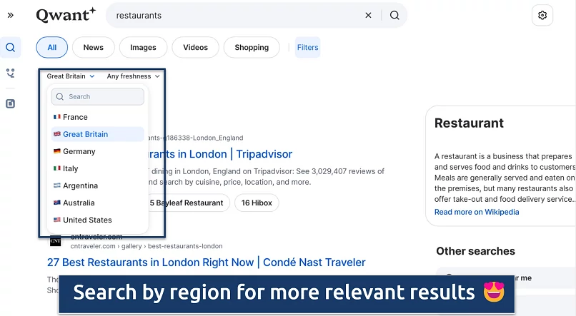 Screenshot showing the Qwant search engine's results page