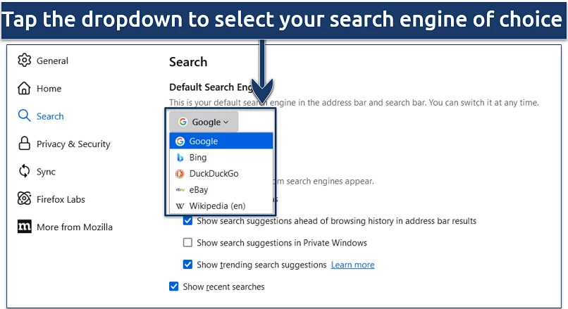 Screenshot showing the Firefox default search engine settings