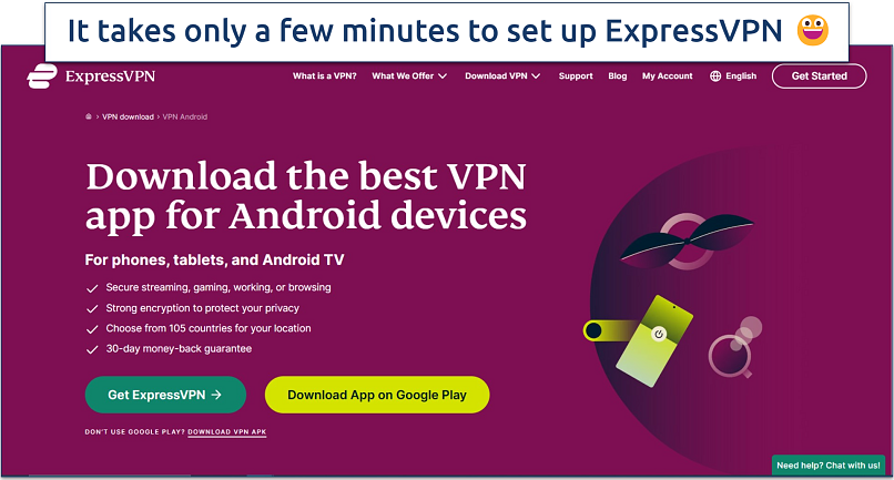 Screenshot of ExpressVPN’s website with download links for Android apps