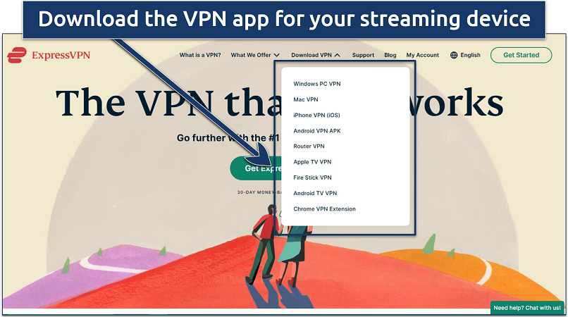 Screenshot of ExpressVPN’s website with download links for various devices
