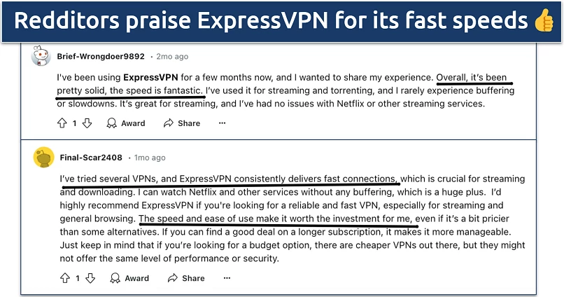 Screenshot of ExpressVPN's Reddit opinions