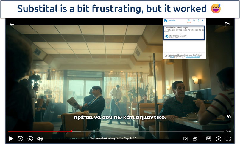 Screenshot of The Umbrella Academy on Netflix while using the Substital add-on