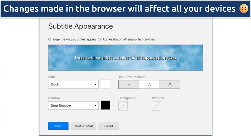 Screenshot of the Netflix Subtitle Appearance settings in a web browser.