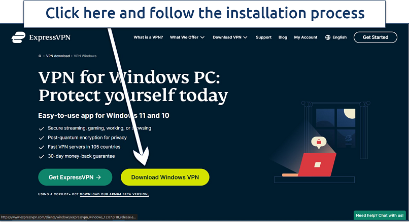 Screenshot of ExpressVPN’s webpage with a download link for its Windows app