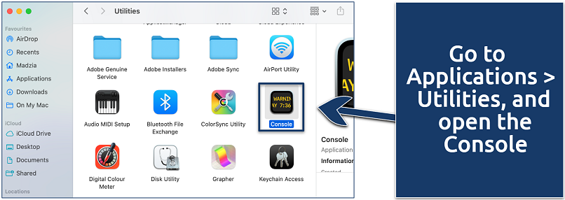 Screenshot showing how to open the macOS console app