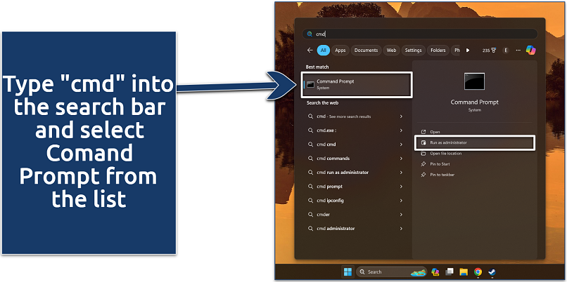 Screenshot showing Window's search menu