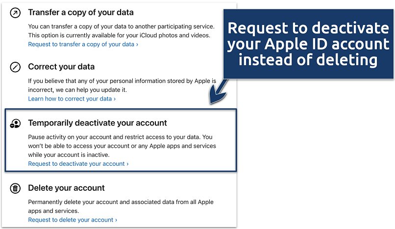 A screenshot showing Apple ID account deactivation menu