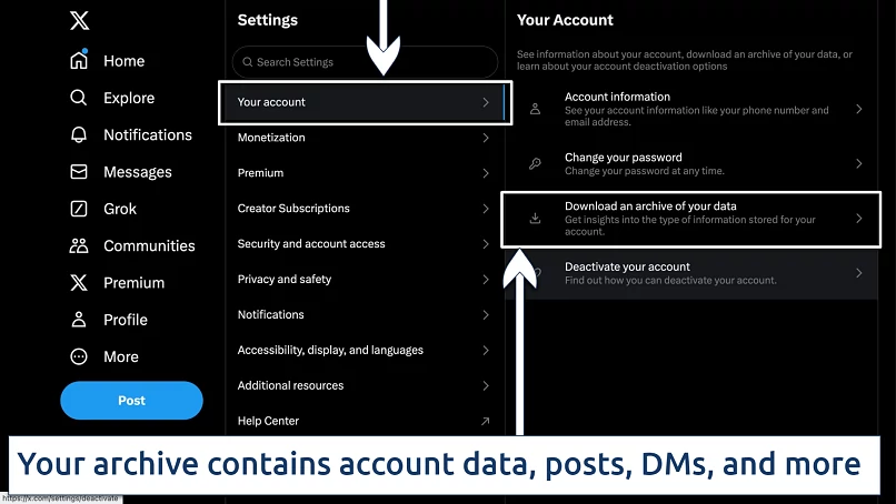 Screenshot showing how to extract your Twitter archive on X