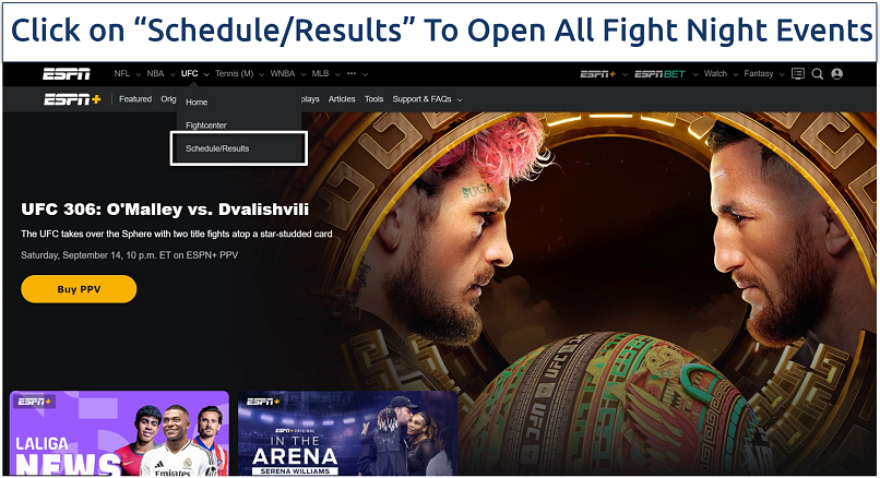 Screenshot showing the ESPN+ website with UFC drop-down menu highlighted