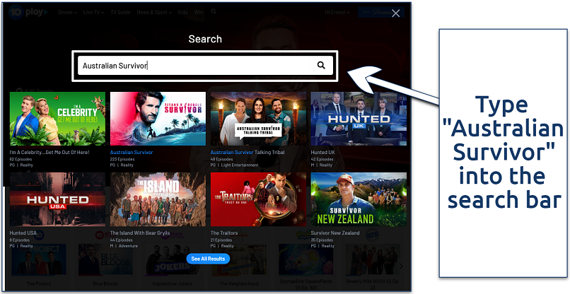 A screenshot showing 10Play’s search feature