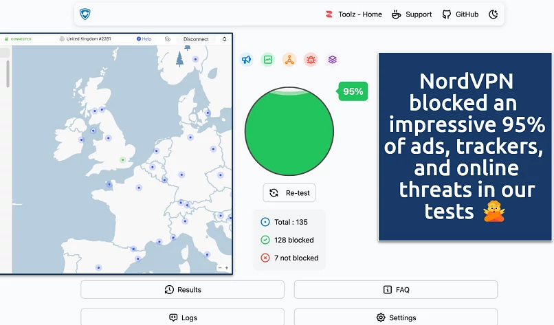 Screenshot showing the NordVPN app over an ad blocker test tool