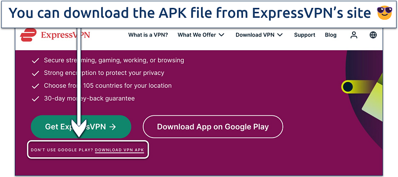 Screenshot showing how to download the APK file from ExpressVPN’s site