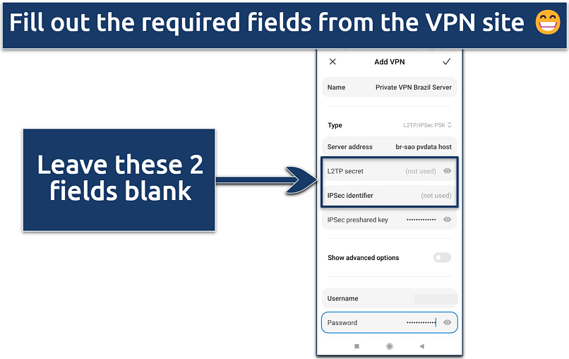 Screenshot showing how to enter VPN configuration into Android’s built-in client