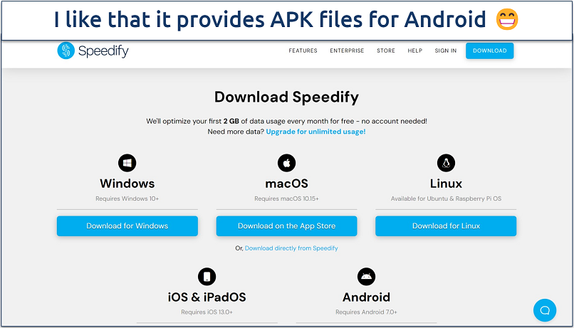Screenshot of the download page for Speedify