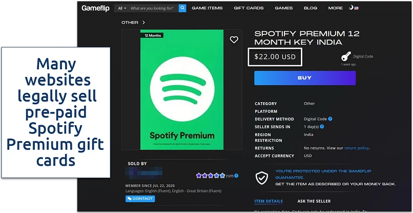 Screenshot showing Gameflip selling Spotify Premium gift cards