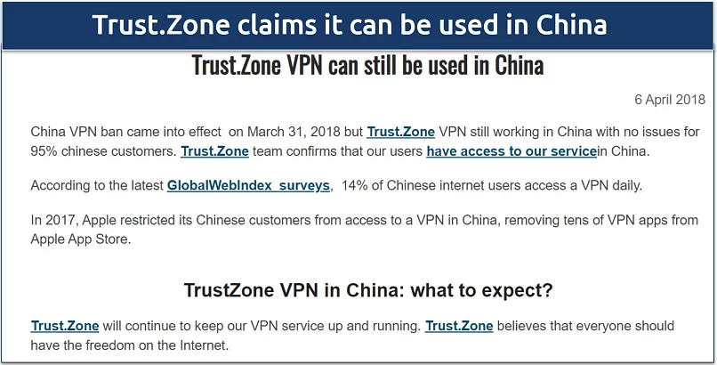 Screnshot of a page on Trust.Zone's site where it claims it can still be used in China 