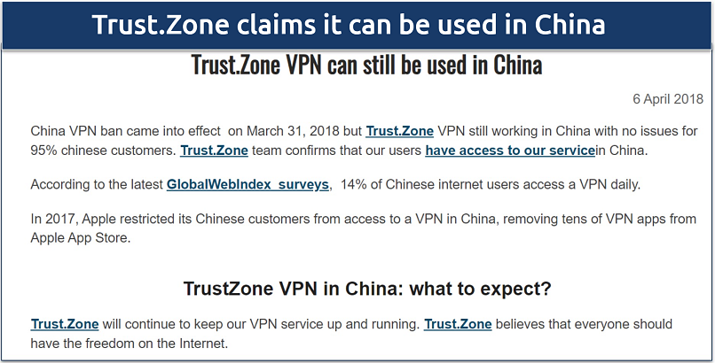 Screnshot of a page on Trust.Zone's site where it claims it can still be used in China