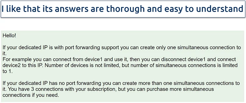 Screenshot of a ticket exchange with Trust.Zone support staff where they explain how many devices its Dedicated IPs can be used on simultaneously