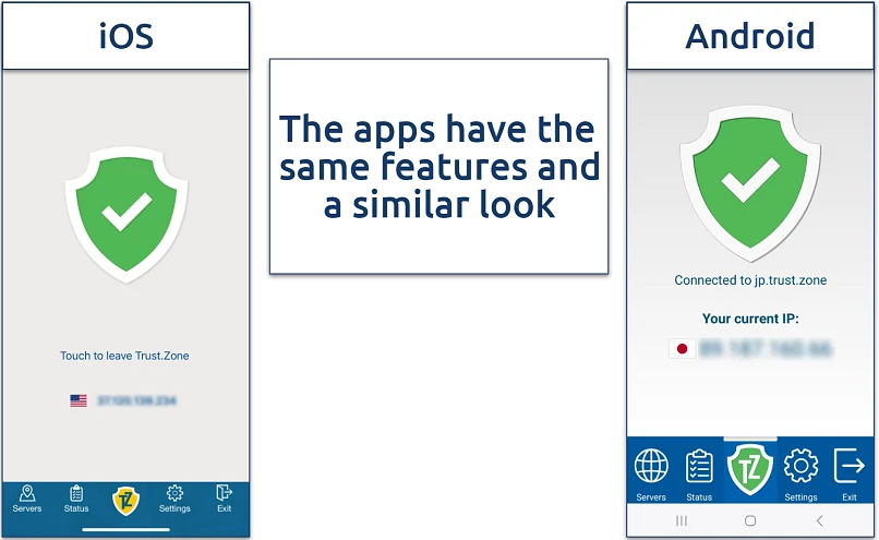 Screenshot of the iOS and Android apps of Trust.Zone put side-by-side 