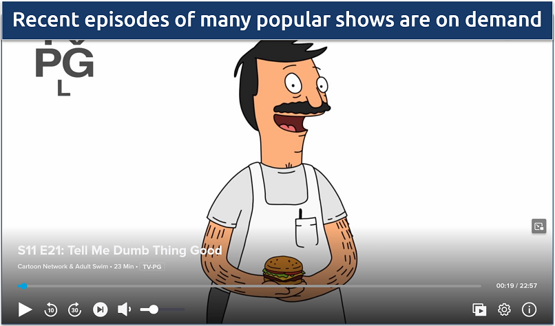 Screenshot of the Sling Freestream player streaming Bob’s Burgers