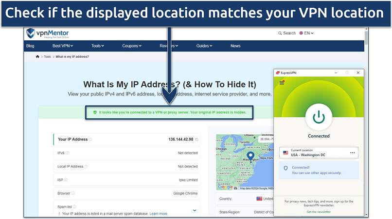 Screenshot showing vpnMentor’s IP checker with ExpressVPN connected to a US server