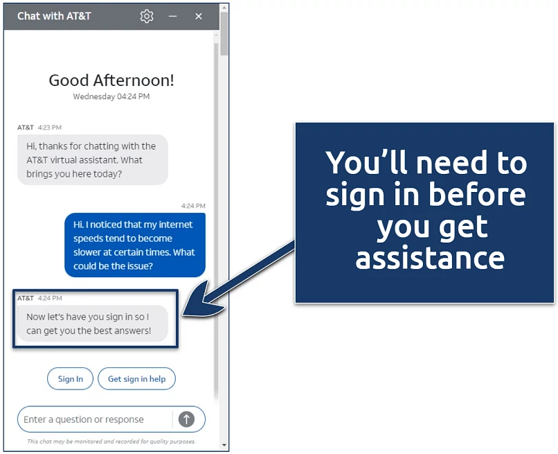 Screenshot showing a chat with AT&T customer support