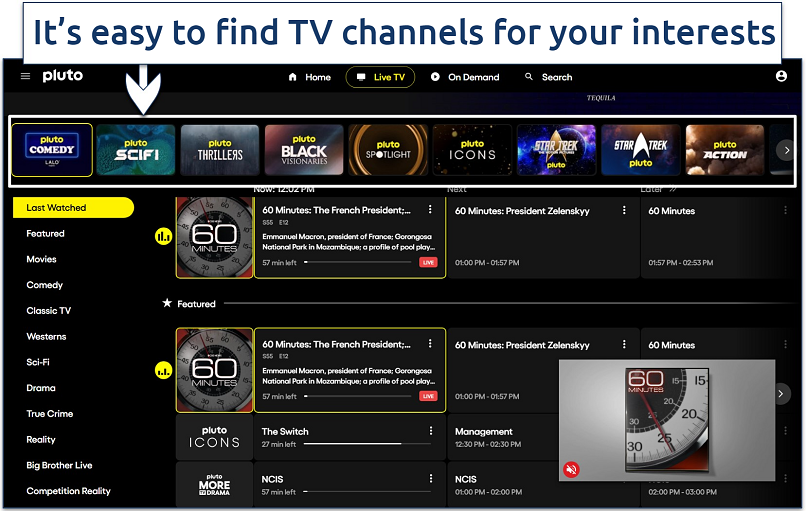 Screenshot of Pluto TV’s selection of Live TV channels