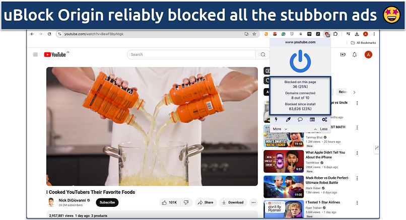 Screenshot of uBlock Origin blocking YT ads