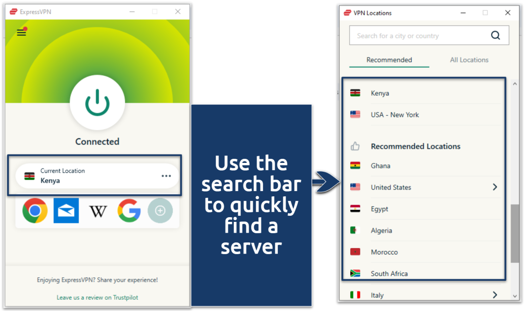 Screenshot of ExpressVPN app connected to Kenyan servers