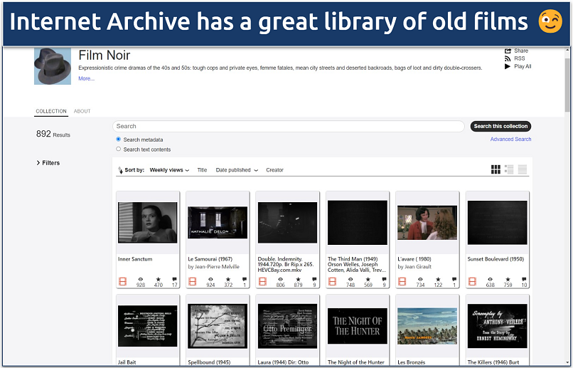 Screenshot of the Film Noir page on Internet Archive