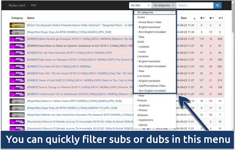 Screenshot of the Nyaa homepage with its
