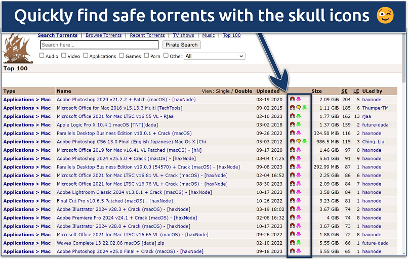 Screenshot of The Pirate Bay search result page with the