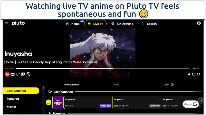 A screenshot of the Pluto TV anime live TV streaming
