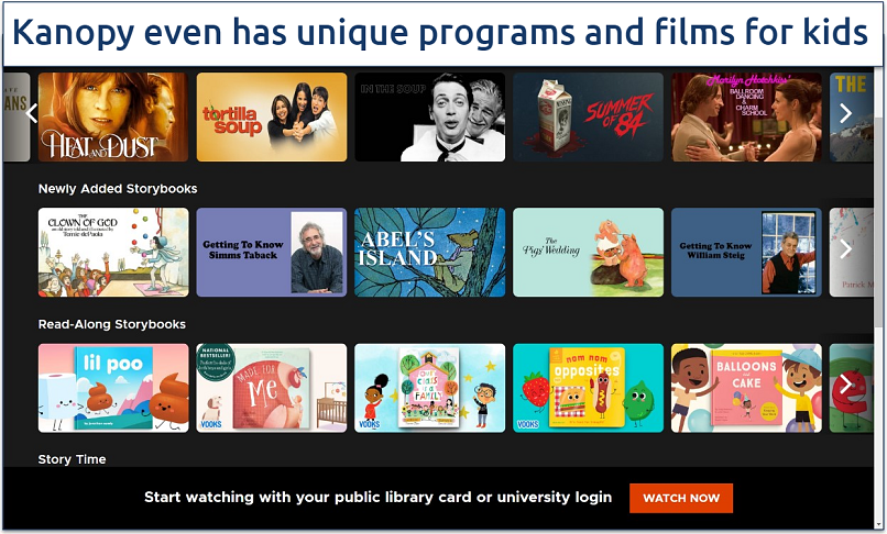 Screenshot of the Kanopy’s library with its Storybooks sections for kids