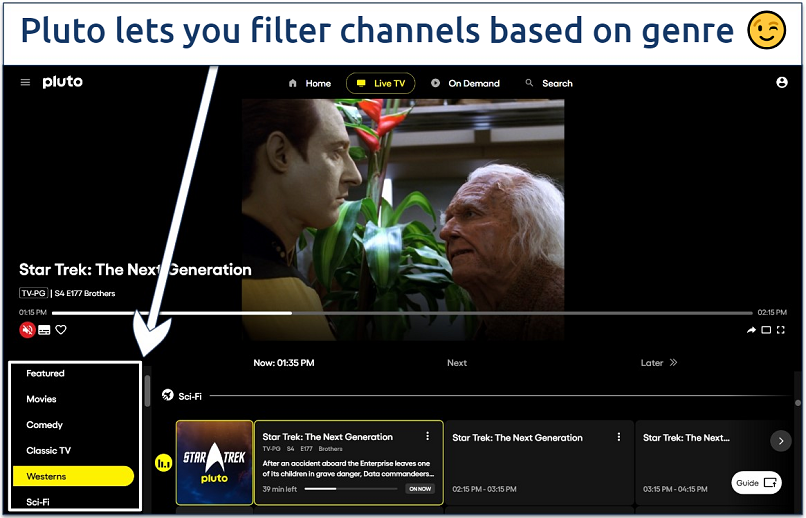 Screenshot of streaming Star Trek on Pluto TV with it’s channel genres highlighted