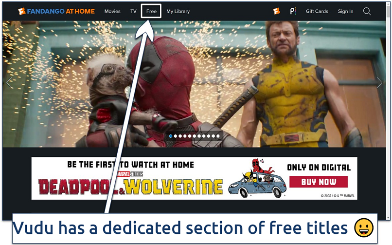 Screenshot of the Vudu Fandango At Home main page with the