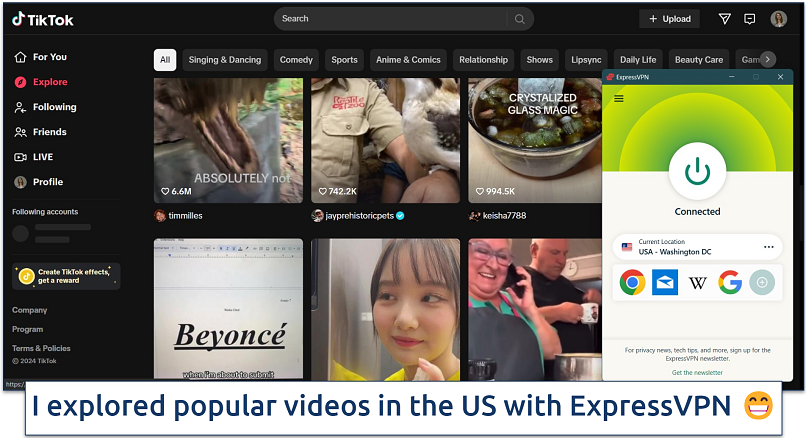 Screenshot of TikTok’s explore page with ExpressVPN connected to the US
