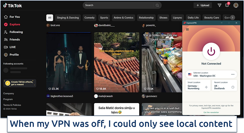 Screenshot of TikTok’s explore page with ExpressVPN disconnected