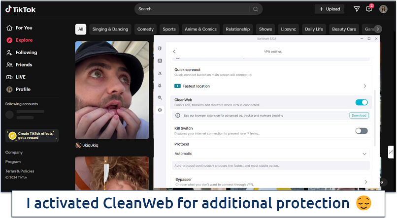 Screenshot of TikTok’s Explore page with Surfshark’s VPN settings visible