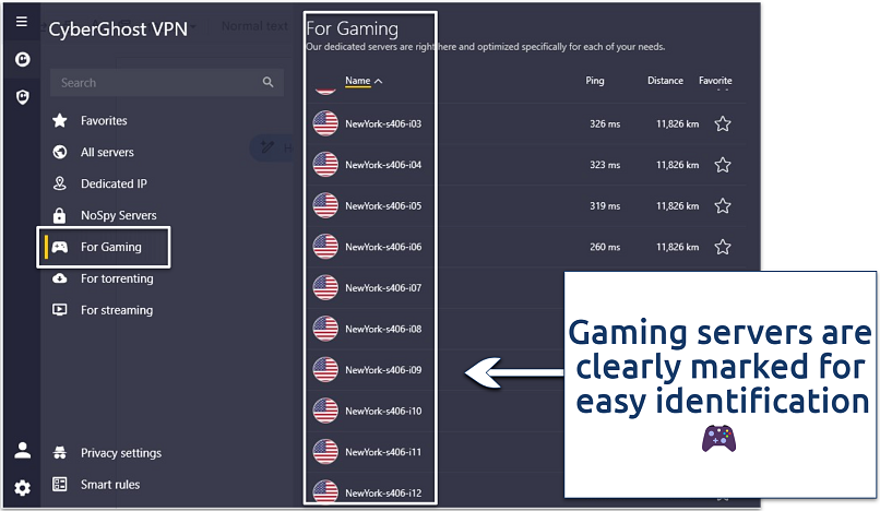 A screenshot of the CyberGhost gaming-optimized servers