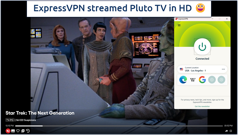 Screenshot of streaming a Star Trek on Pluto TV while connected to ExpressVPN’s Los Angeles server