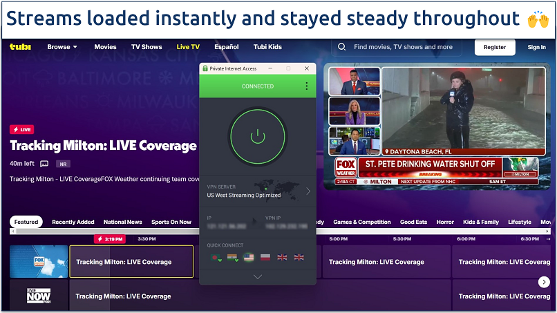 Screenshot of streaming live news TV on Tubi TV while connected to PIA’s US West Streaming Optimized server