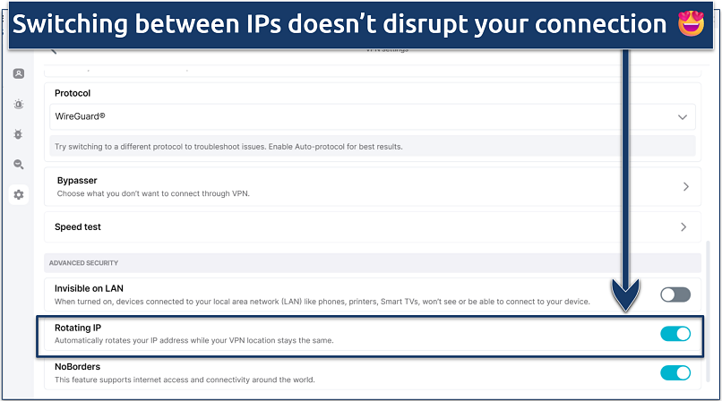 Screenshot of the Surfshark Windows app with its setting page open and Rotating IP enabled