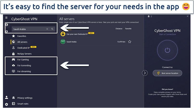 Screenshot displaying CyberGhost’s Windows app with Specialty servers highlighted