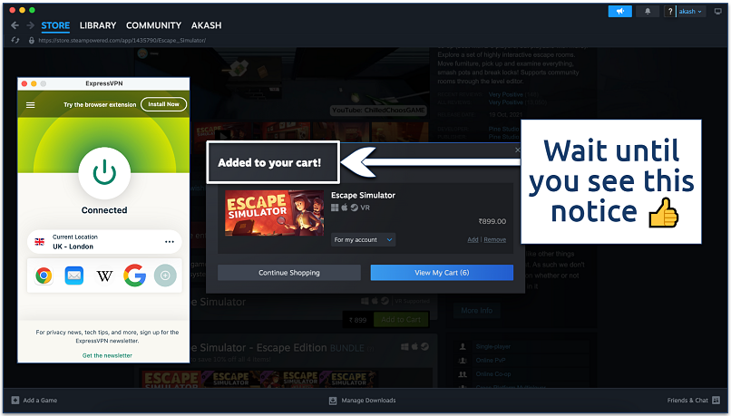 Screenshot of Steam’s cart with ExpresVPN connected