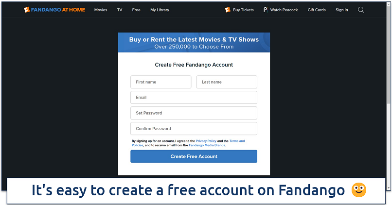 Screenshot of Fandango’s signup process