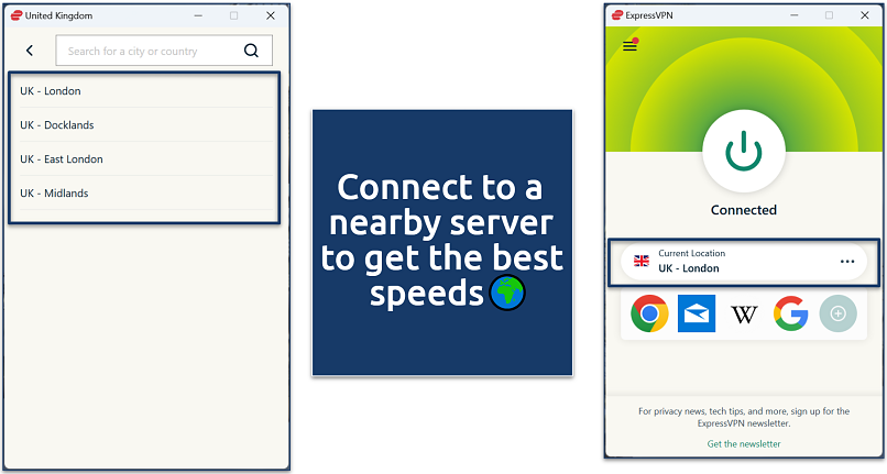 A screenshot showing ExpressVPN’s server selection interface